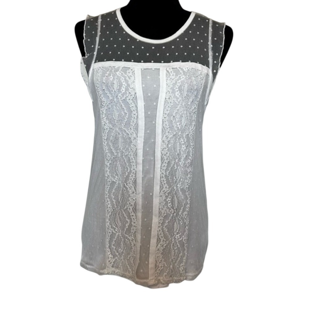Suede White Lace Swiss Dot Mesh Sleeveless Blouse Top Size M